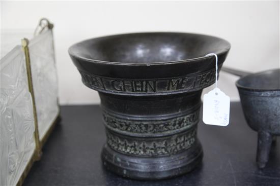 A Flemish bronze mortar, by Jan van den Ghein II, Malines, dated 1559, height 8in.